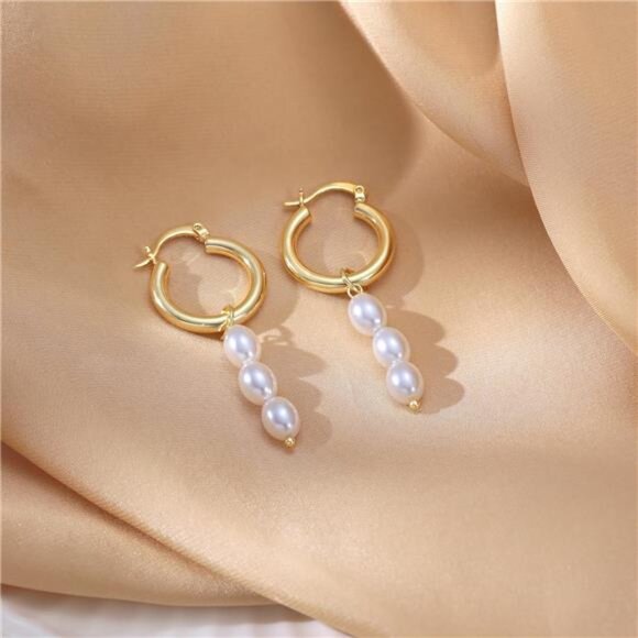 ✨ 14K Gold Twisted Rope Pearl Hoop Earrings | Elegant Huggie Dangle ✨ - Picture 1 of 6